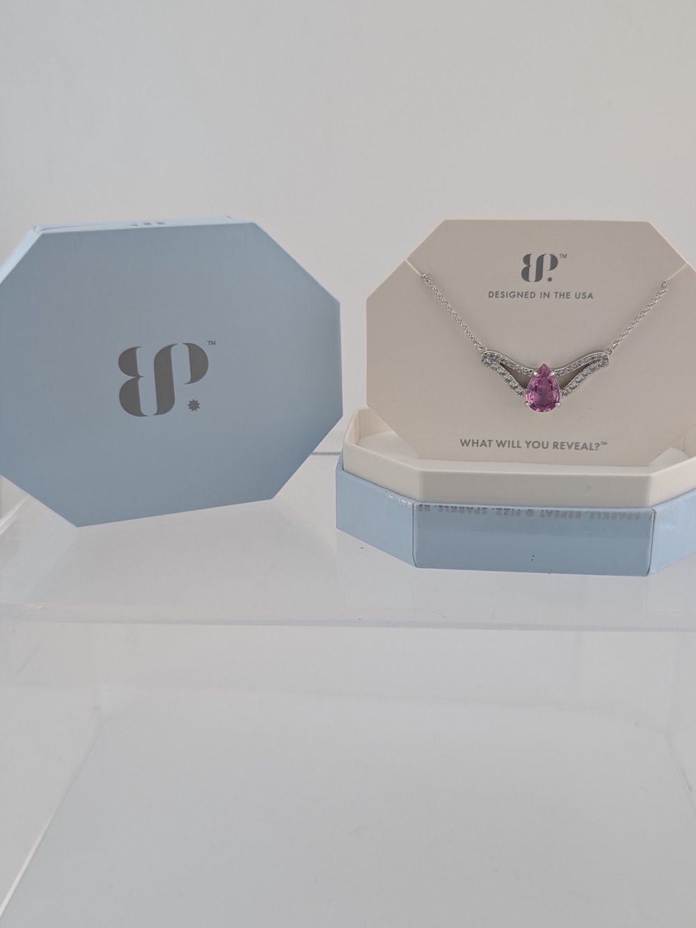 BP Silver Necklace with Pink Teardrop Pendant